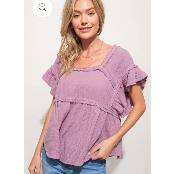 Andthewhy purple gauzy short sleeve ruffled top babydoll solid square neck Small - Picture 3 of 8